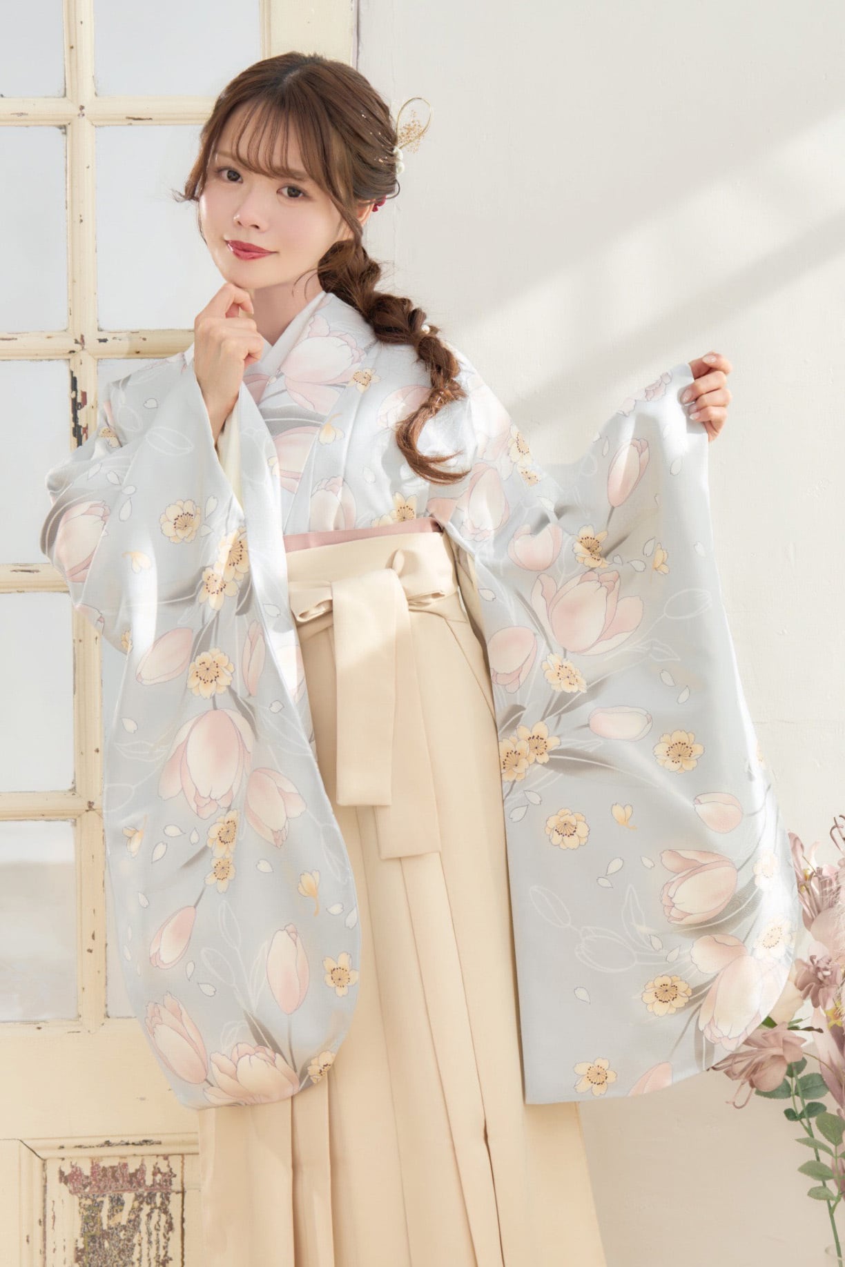 袴4点set】灰縹色に散る桜チューリップ91IV | ANDESIR【アンデジール