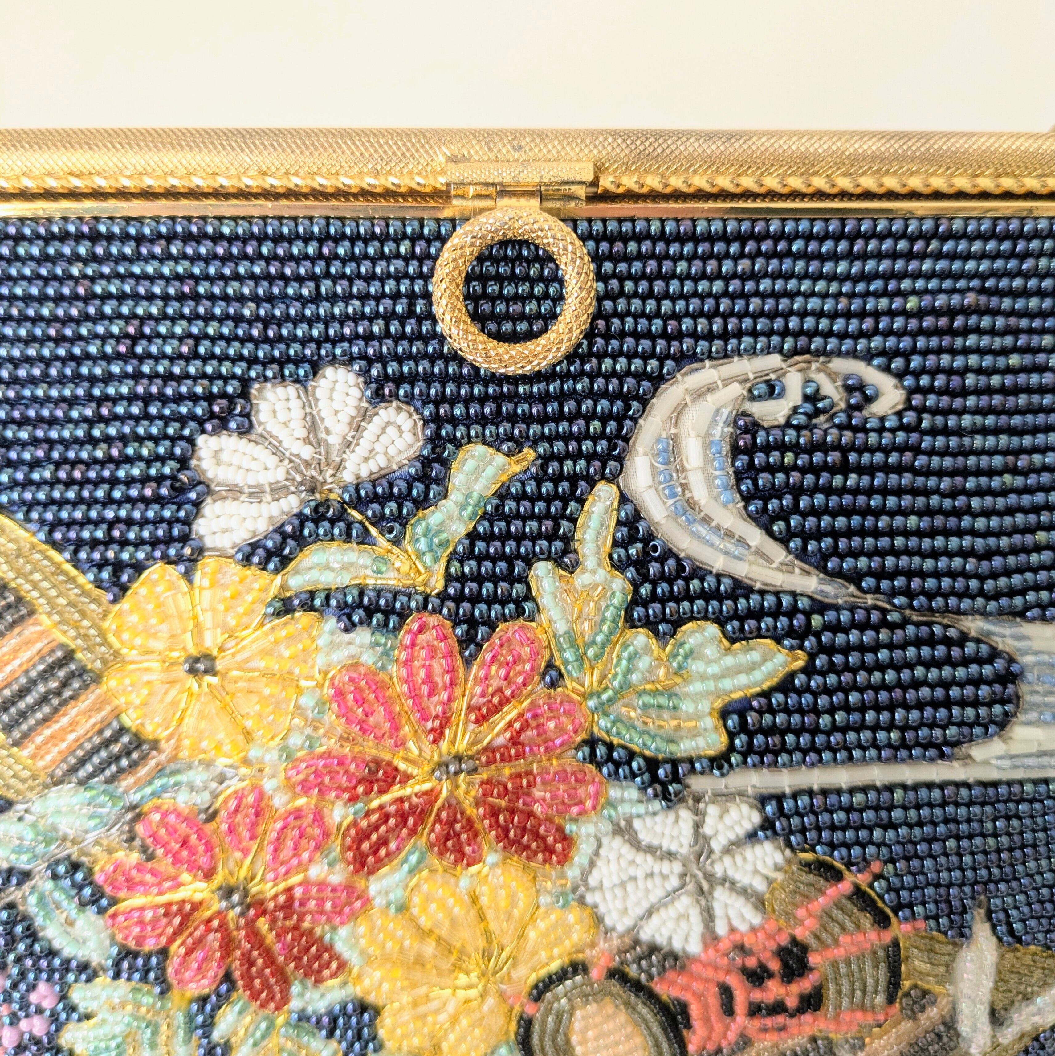 Vintage】ビーズ刺繍バッグ 紺色 金 花筏 パーティーバッグ 昭和レトロ