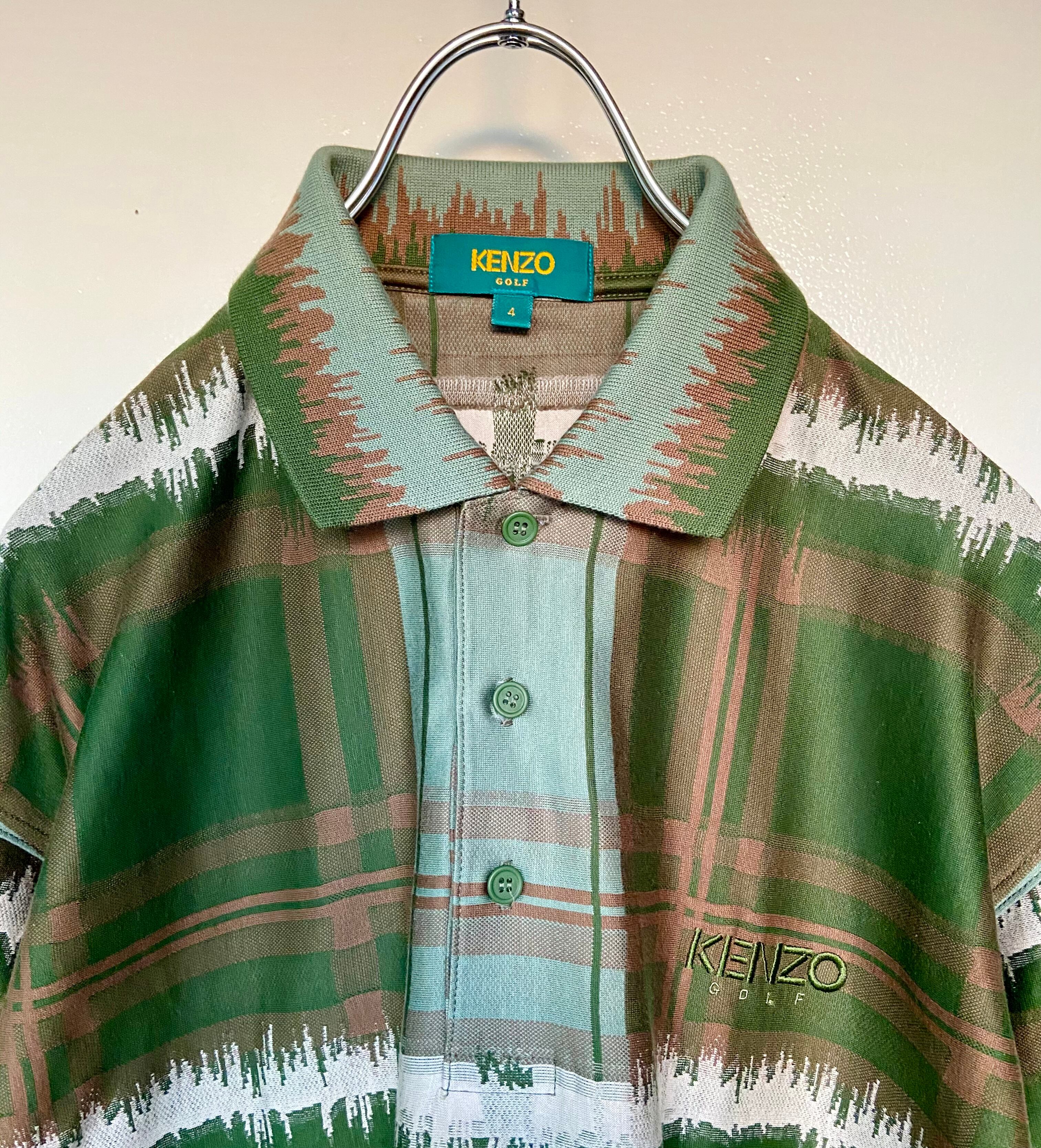 古着 KENZO/ケンゾー 長袖ポロシャツ 刺繍 オーバーサイズ アースカラー 緑