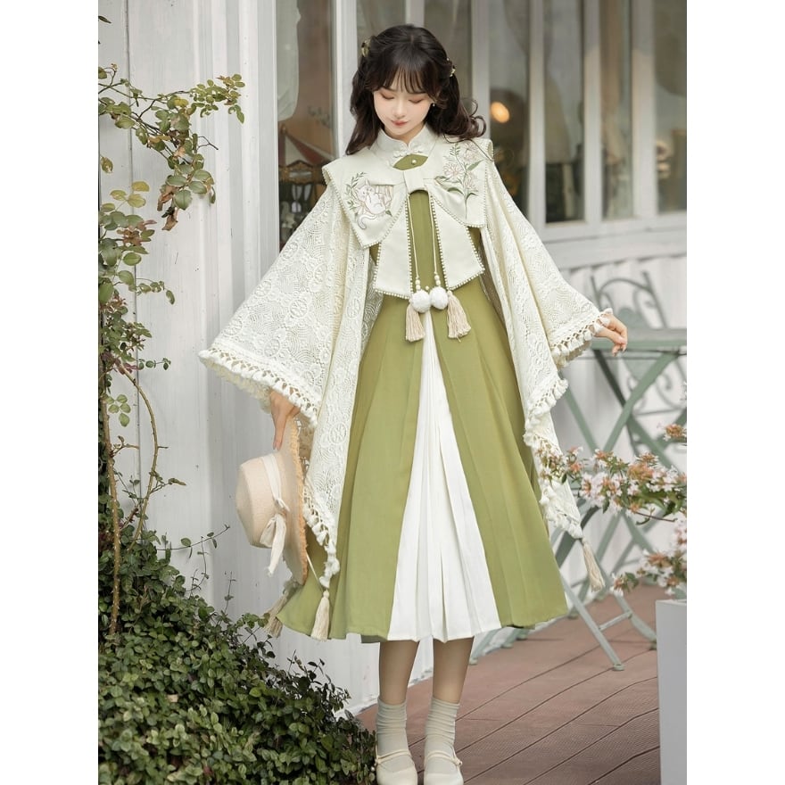 ロリータ セットアップ ワンピース 漢服 中国 華ロリ ケープ付きJSK和装 華ロリ】レースケープ+ワンピース 2点セット 抹茶色 カーキ ナチュラル