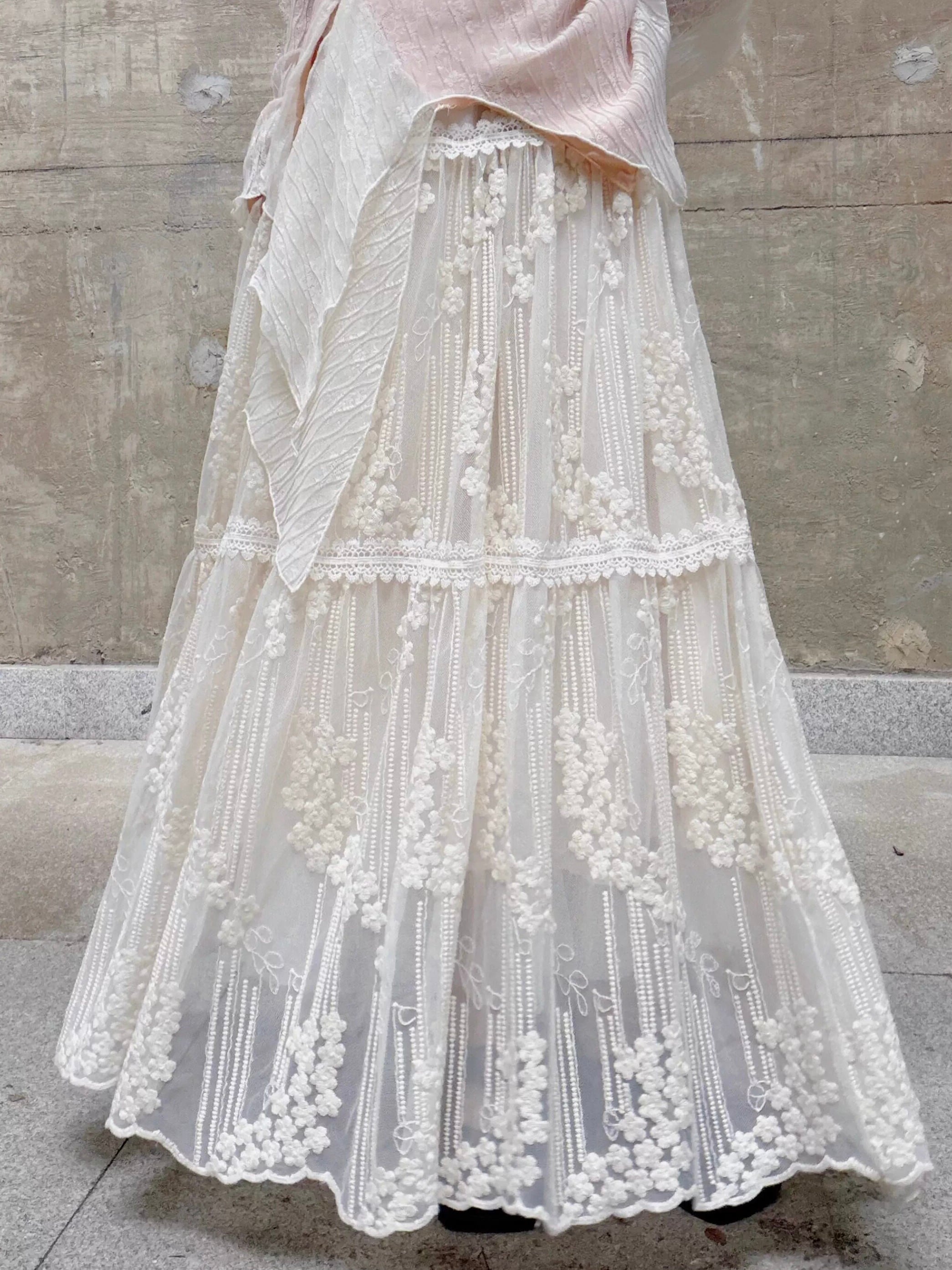 Floral lace tiered a-line skirt [T2840] | Lilie