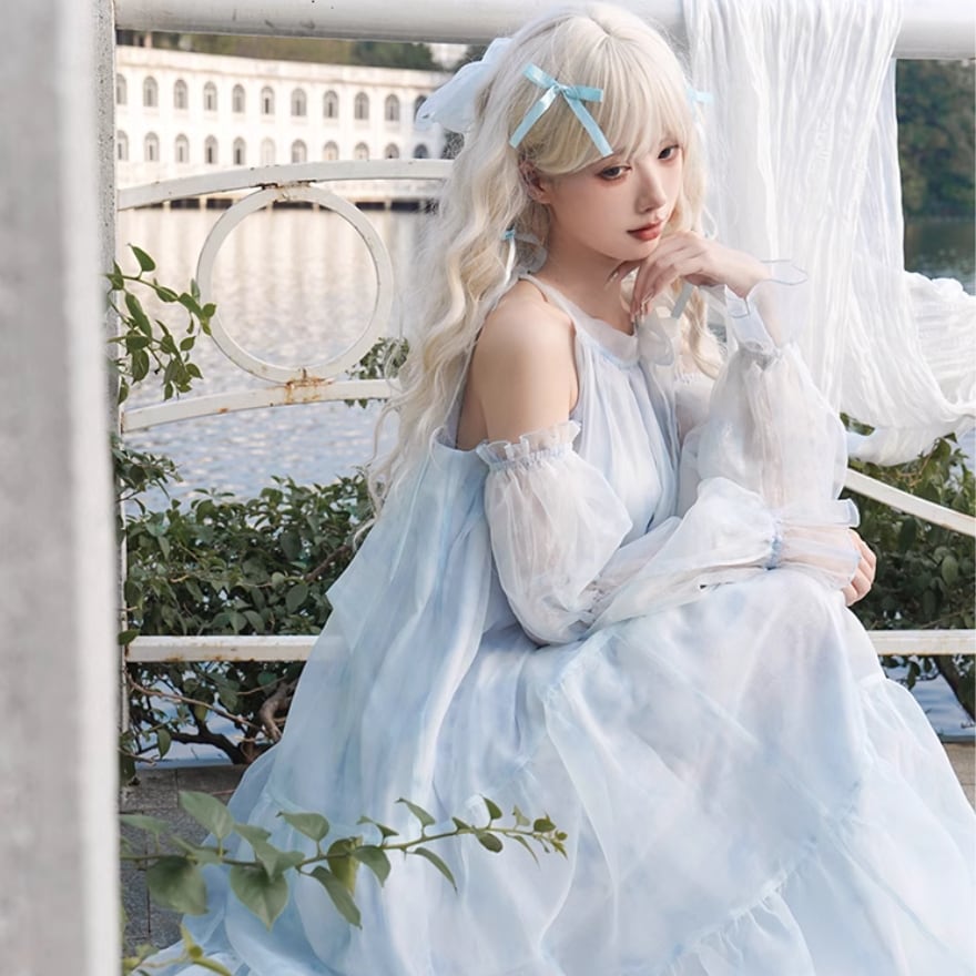 ロリィタファッション　袖ありのワンピース　無地　シフォン　スウィート　五分袖　スタンドカラー　お茶会 ロリィタファッション 袖ありのワンピース 無地 シフォン