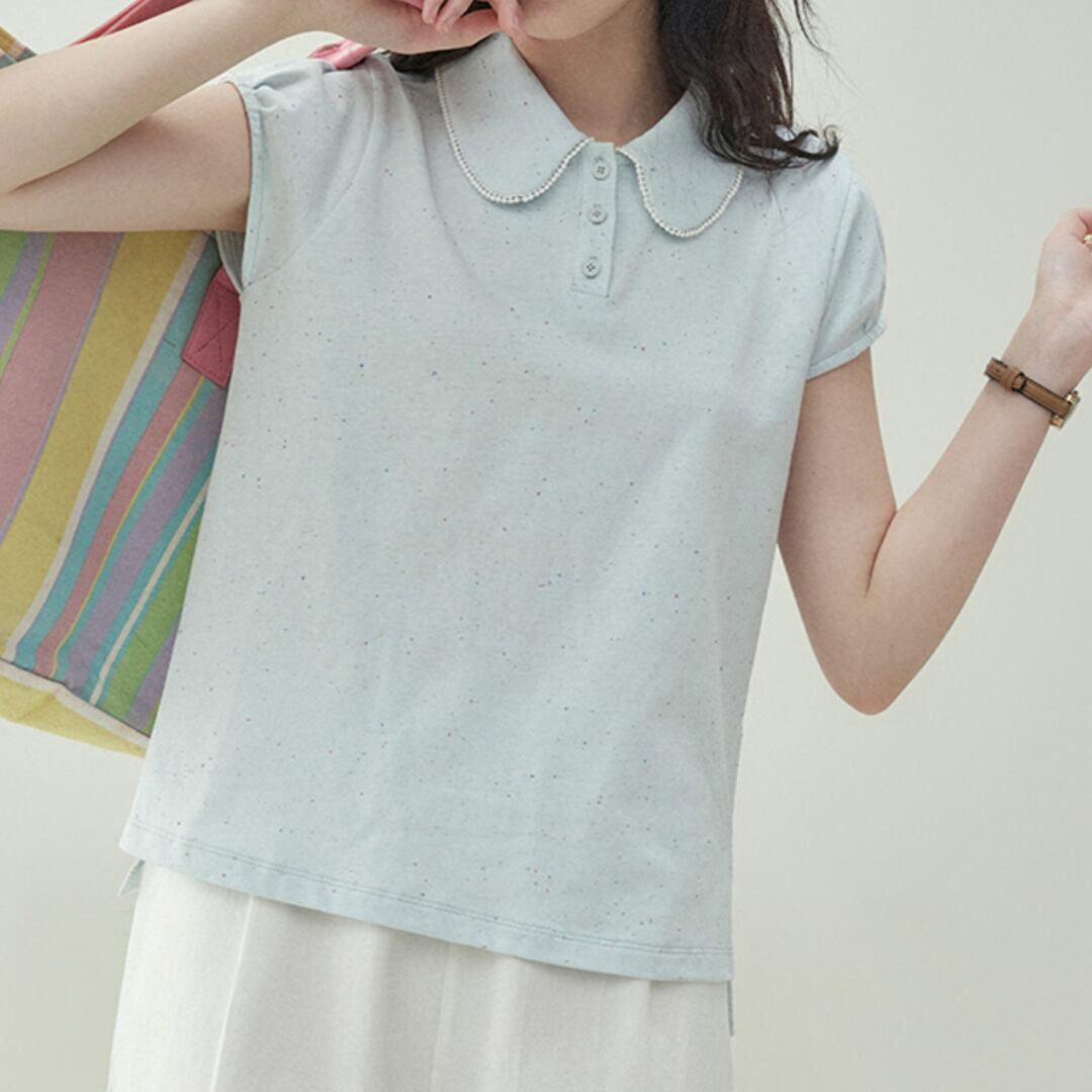 pearl collar cotton blend short sleeve polo shirt for summer