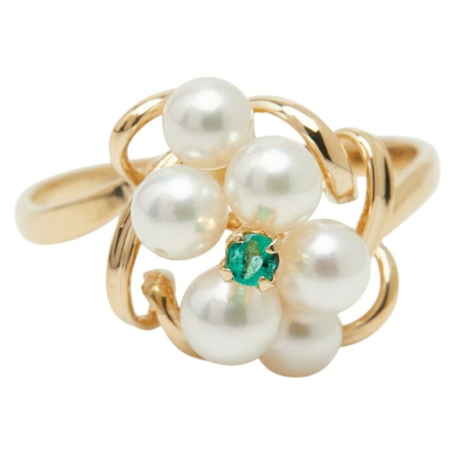 真珠 K18YG イエローゴールド エメラルド0.04ct アコヤパール3.5～3.9mm フラワーモチーフ リング 指輪 レディース 8.5号 【中古】