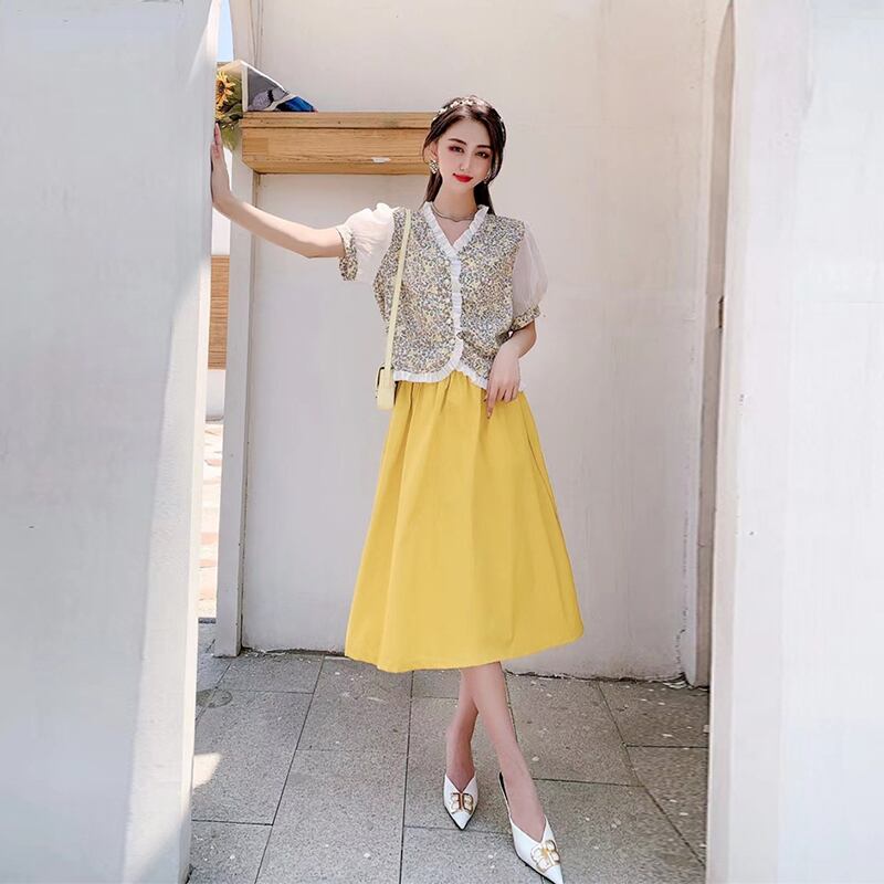 サマーフローラルスリーブトップス Aラインスカート 大きめサイズ 大人ガーリー スウィート キュート カジュアル 夏物 花柄 ミックスインファッション20396918744