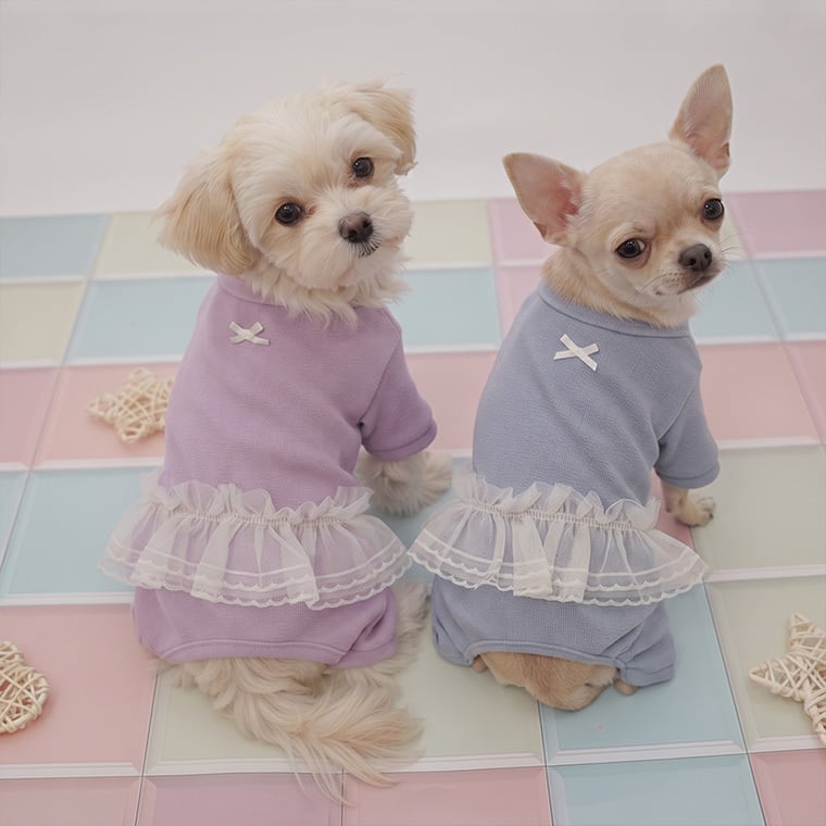 lurabo all in one S ~ XL 2color  /  犬服 オールインワン 秋 冬 春 ドッグウェア レース 重ね着 長袖 無地 シンプル 小型犬 中型犬 犬 服 ペット洋服 韓国犬服 ストレッチ素材