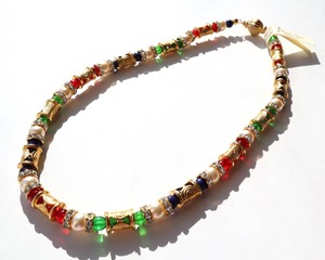 80s italy vintage navy green red pearl gold tone necklace