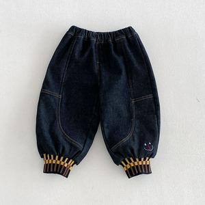 【80-130】冬デニムバルーンパンツ キッズ ストライプ柄リブ裾 刺繍入り 男の子コーディネート キッズ