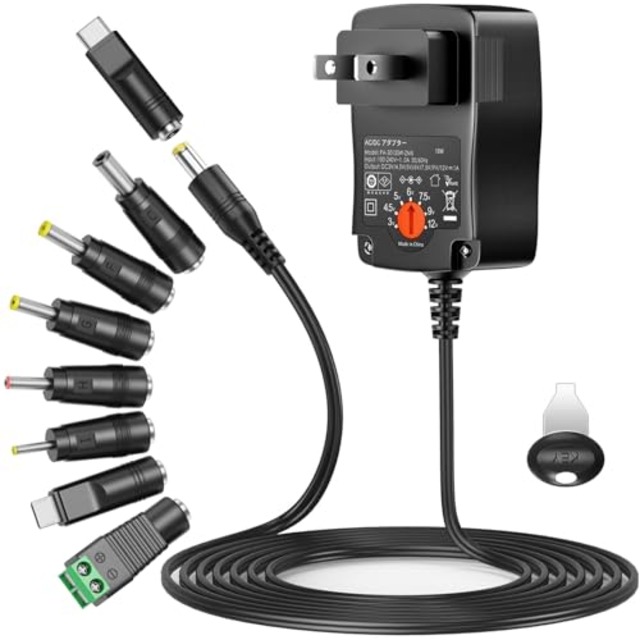 POWSEED 12W マルチ電圧 ACアダプター 3V 4.5V 5V 6V 7.5V 9V 12V ユニバサル 家電用1000mA電源 LEDストリップ ルーター スピーカー モニター ビデオ 防犯カメラ カメラ用アダプタ 5.5*2.1ｍｍ DCジャック 変換 Type-C付き