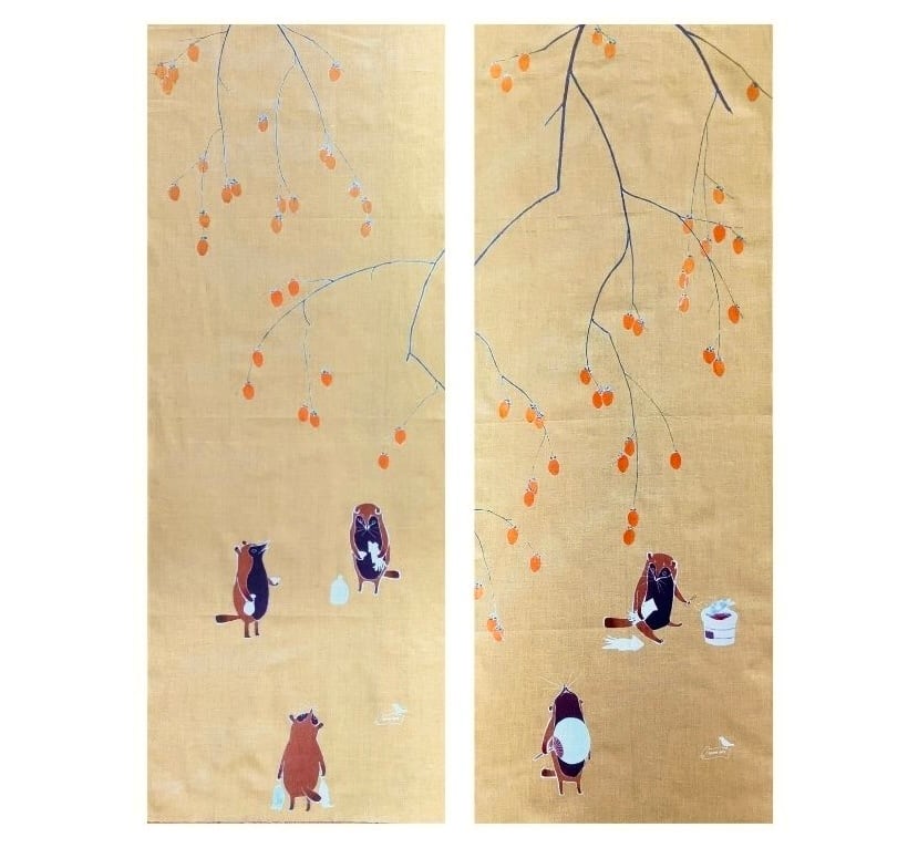 some-pri 手ぬぐい「狸と柿」一／二 | somemoyoushop ーそめもよう