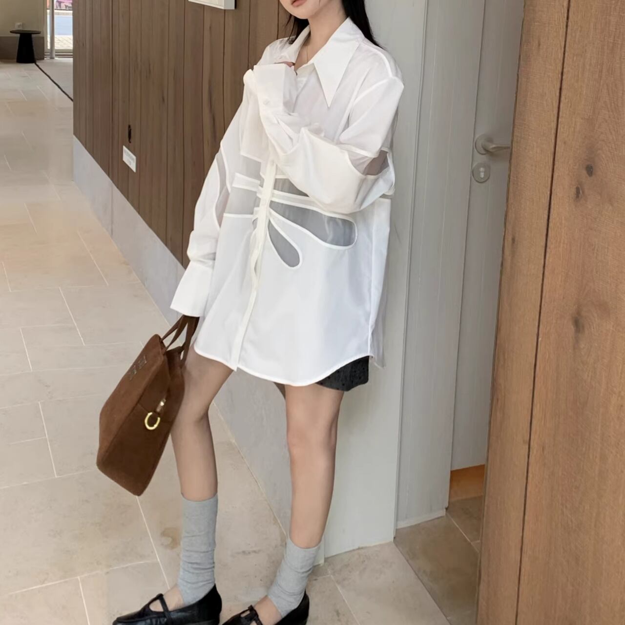 Sheer Panel Oversized Shirt 00812