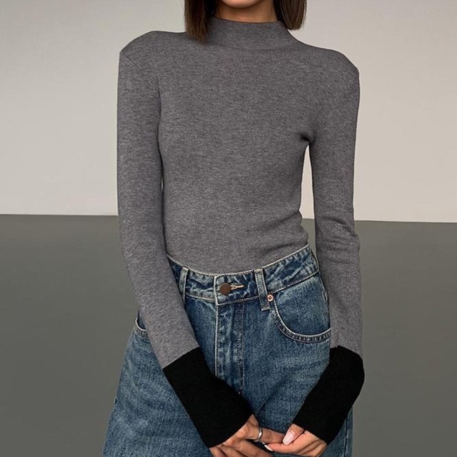 High neck bicolor fit knit 2 colors　V2003