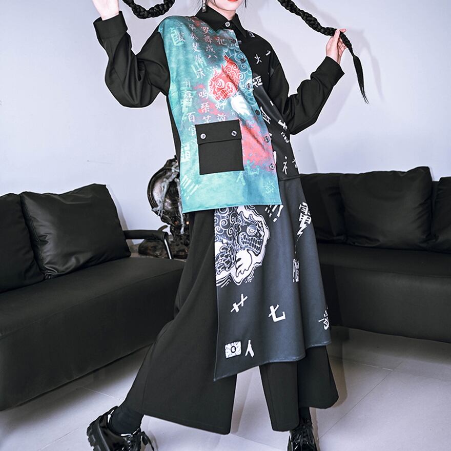 サブカル 服 地雷系 通販 チャイナ風服 チャイナ風服 古怪舎 中華風 パンツ キュロットスカート レイヤード エプロン チャイナ服 中華服 漢字柄 サブカル服闇かわいい
