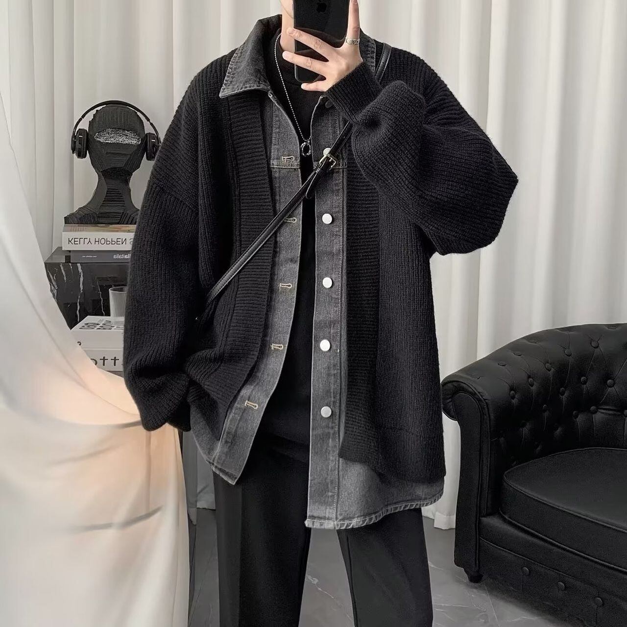 Denim patchwork-style two-piece cardigan jacket(MT1662)
