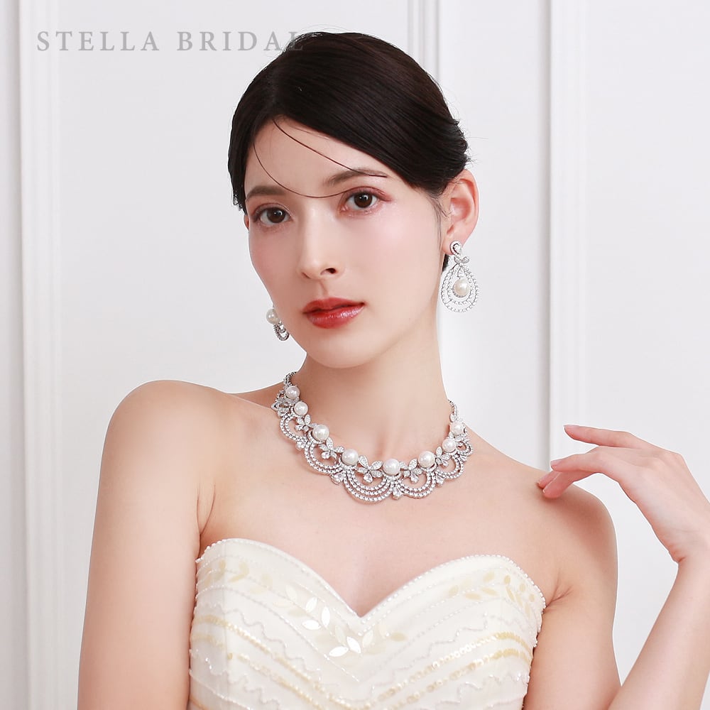 キュービックジルコニア&パール ブライダルアクセサリーセット ガーデンブロッサム ネックレス&イヤリングorピアスセット