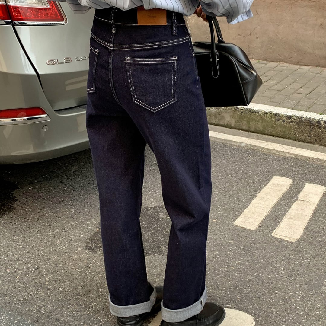 dark blue straight jeans