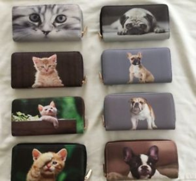 【送料無料】ネコブルドッグパグアニマルプリントziplarge animal print purse organiser zip around kitten bulldog pug cat dog puppy