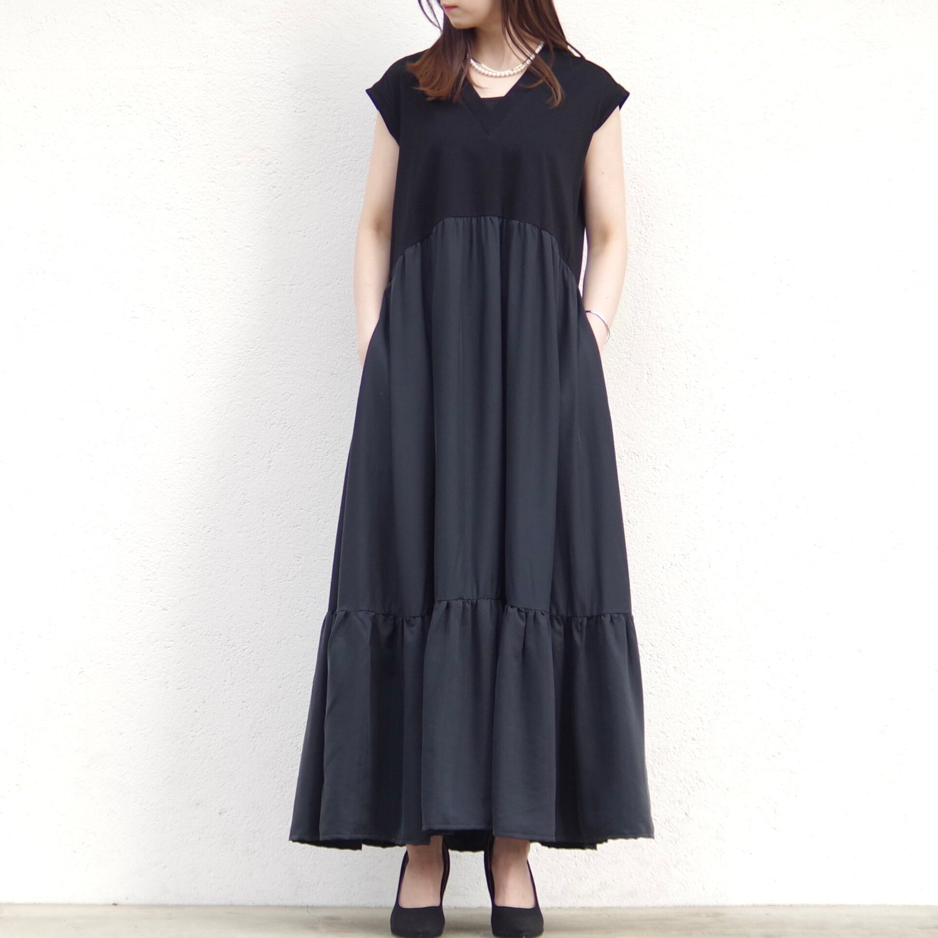 SINME VネックC/Sワンピース ブラック×ブラック SINME Vネック C / S ワンピース ブラック×ブラック | 1F Store