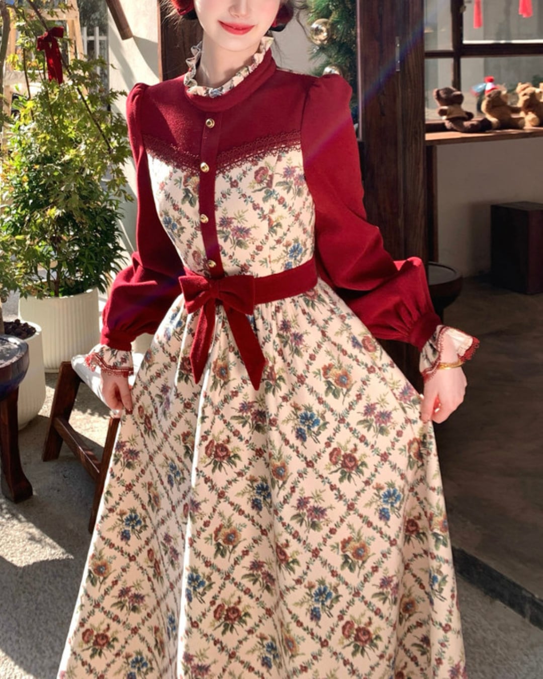 ヴィンテージレッドフレンチフラワーワンピース 25W08350