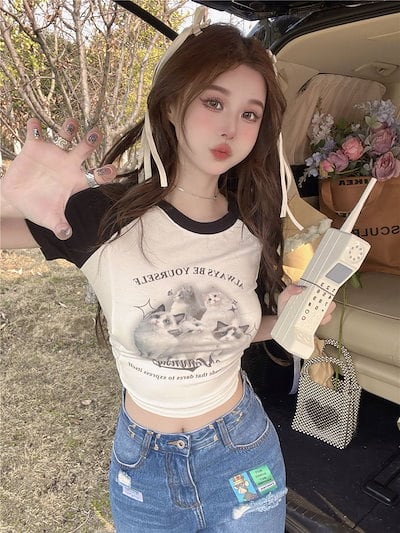 2024 夏 韓国トップス プリント半袖 Tシャツ 韓国 ラウンドネック