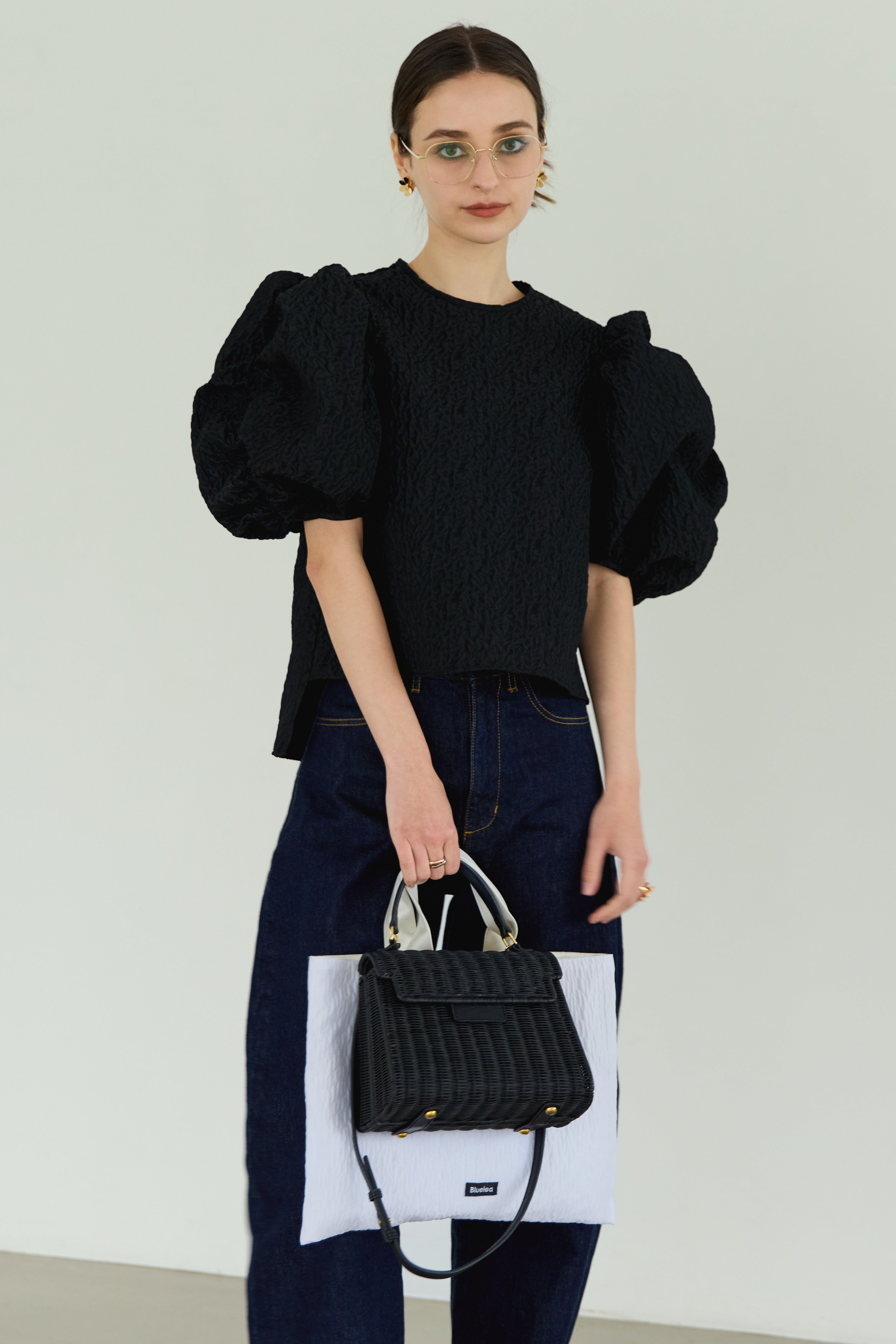 美品　Bluelea Jacquard blouse SAX ブラウス Jacquard spindle blouse | Bluelea