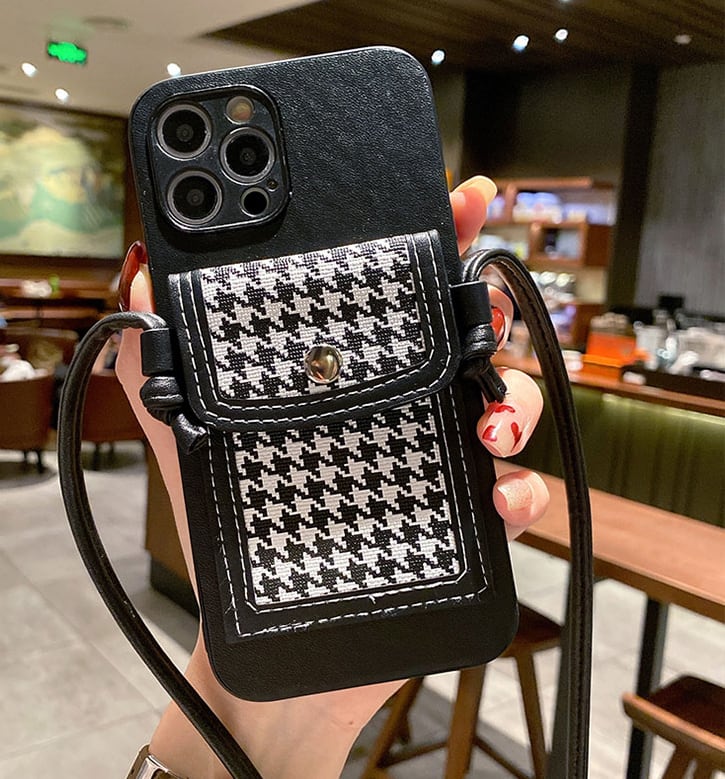チェーンストラップ付き iPhoneケース カード収納 千鳥格子 二色