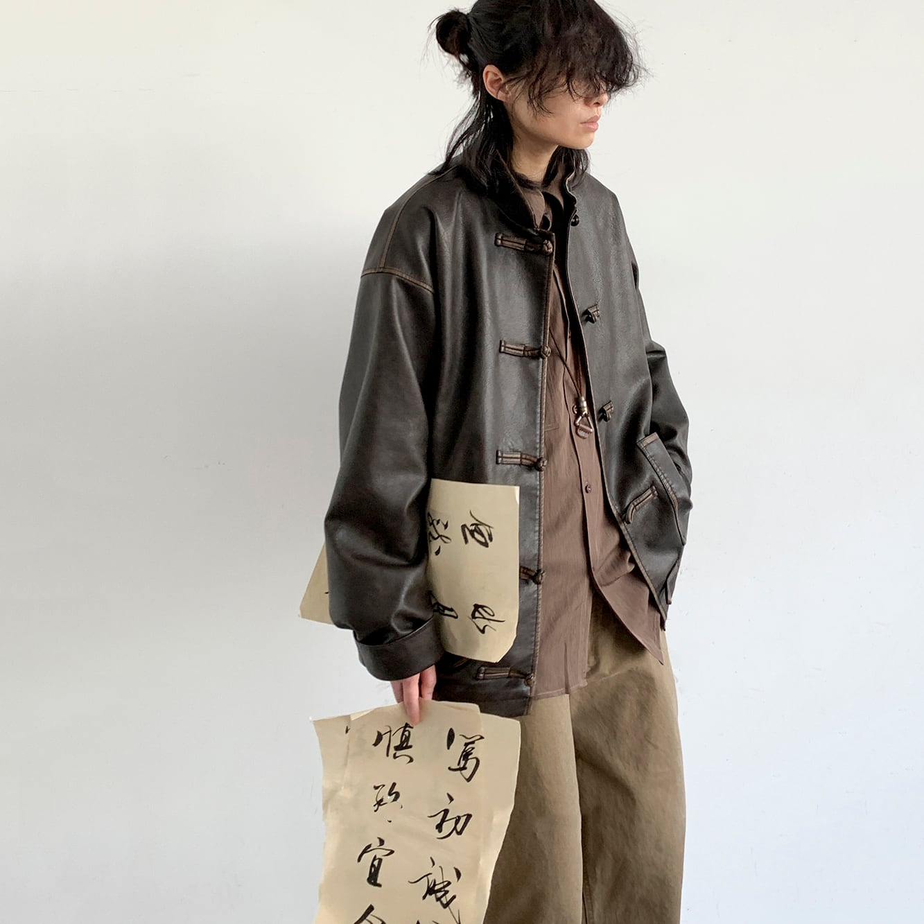 jiwuusレトロチャイナ風レザージャケット | mblueshop