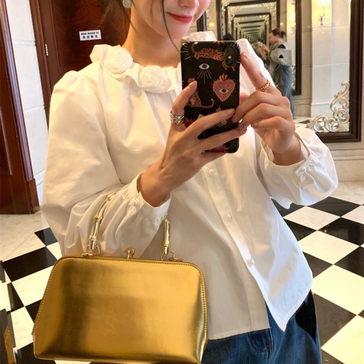 ローズカラー パールボタンシャツ A4432