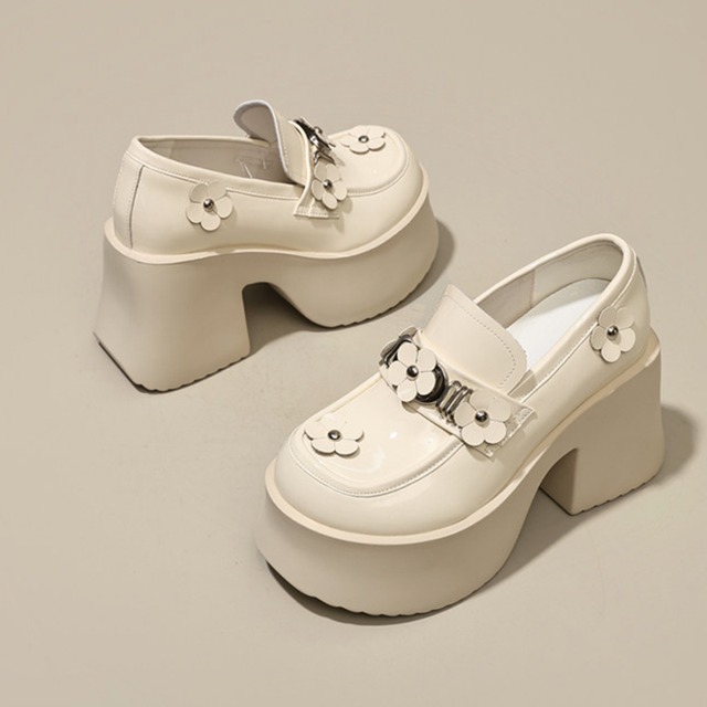 thick-soled flower motif chunky heel loafers m0431