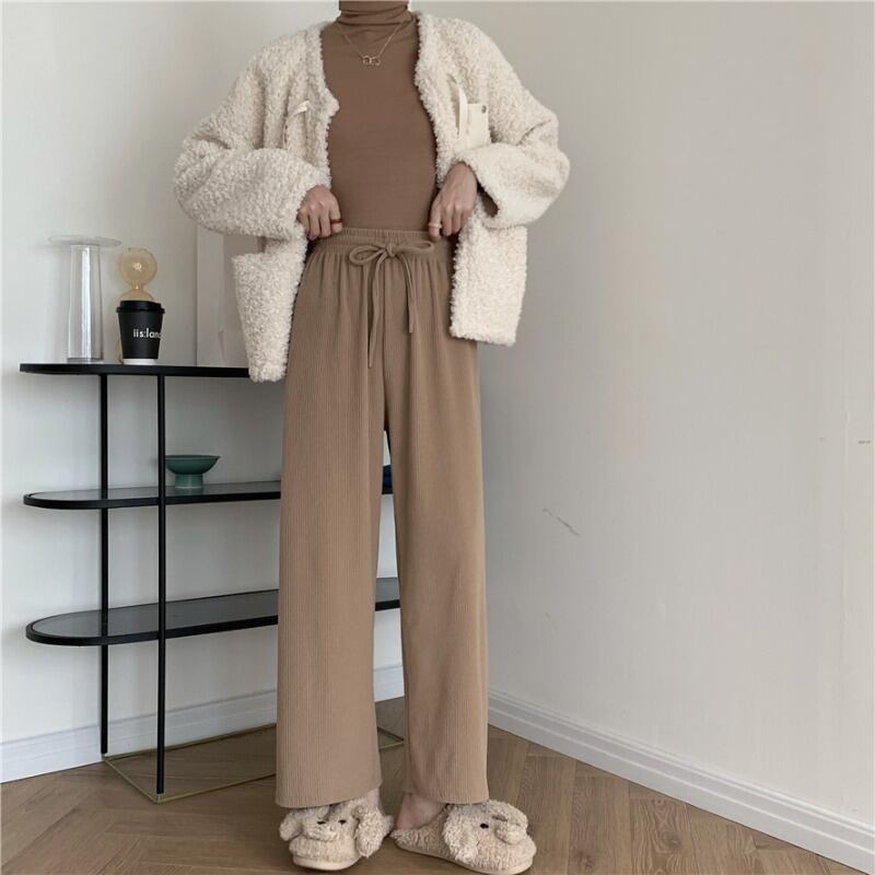 ニットカジュアルパンツ スプリングハイウェストルーズ薄手 春物 ブラックストロベリース43369935571