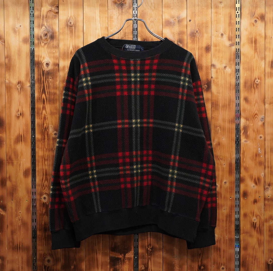 90s ralphlauren クルーネック フリース チェック柄 L/ラルフローレン