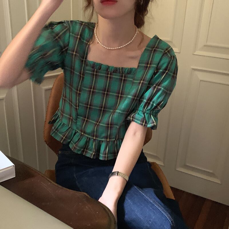 スタンダード格子柄カラーシャツ サマースリムショートスリーブ半袖トップス レトロ ハーフスリーブ 夏物 スクウェア モンロー28491814353