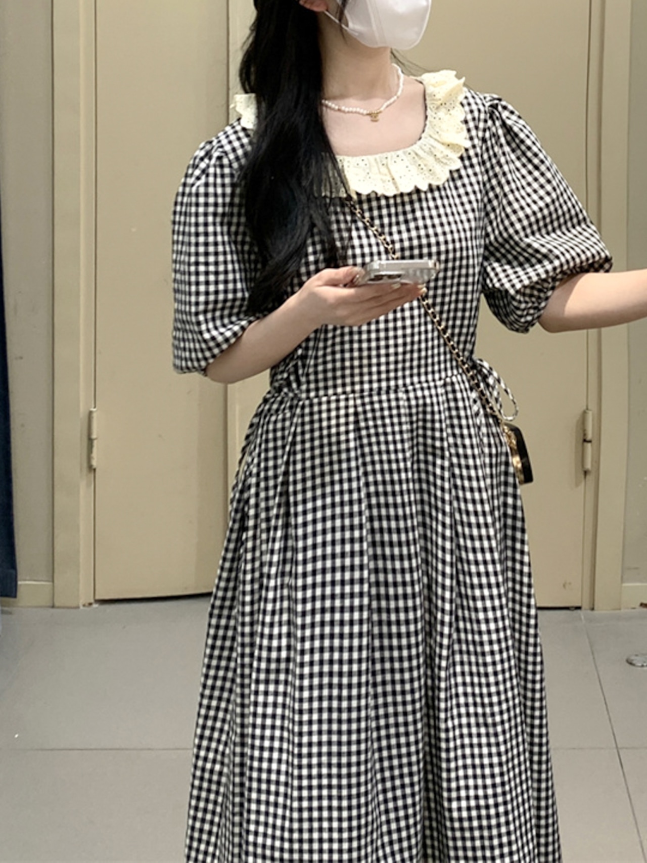 フレンチギンガムロングワンピース LK1256