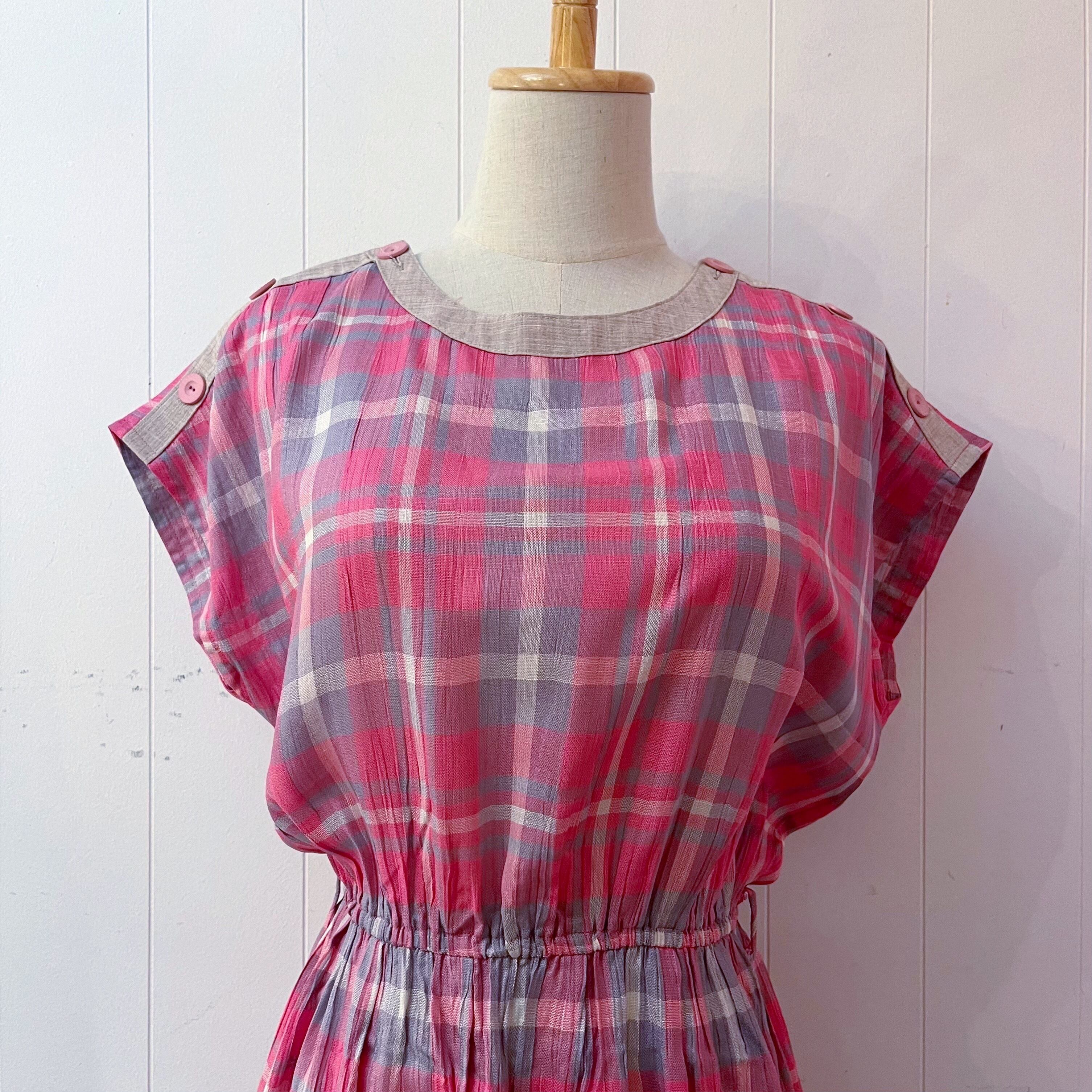 pink gray check button one-piece