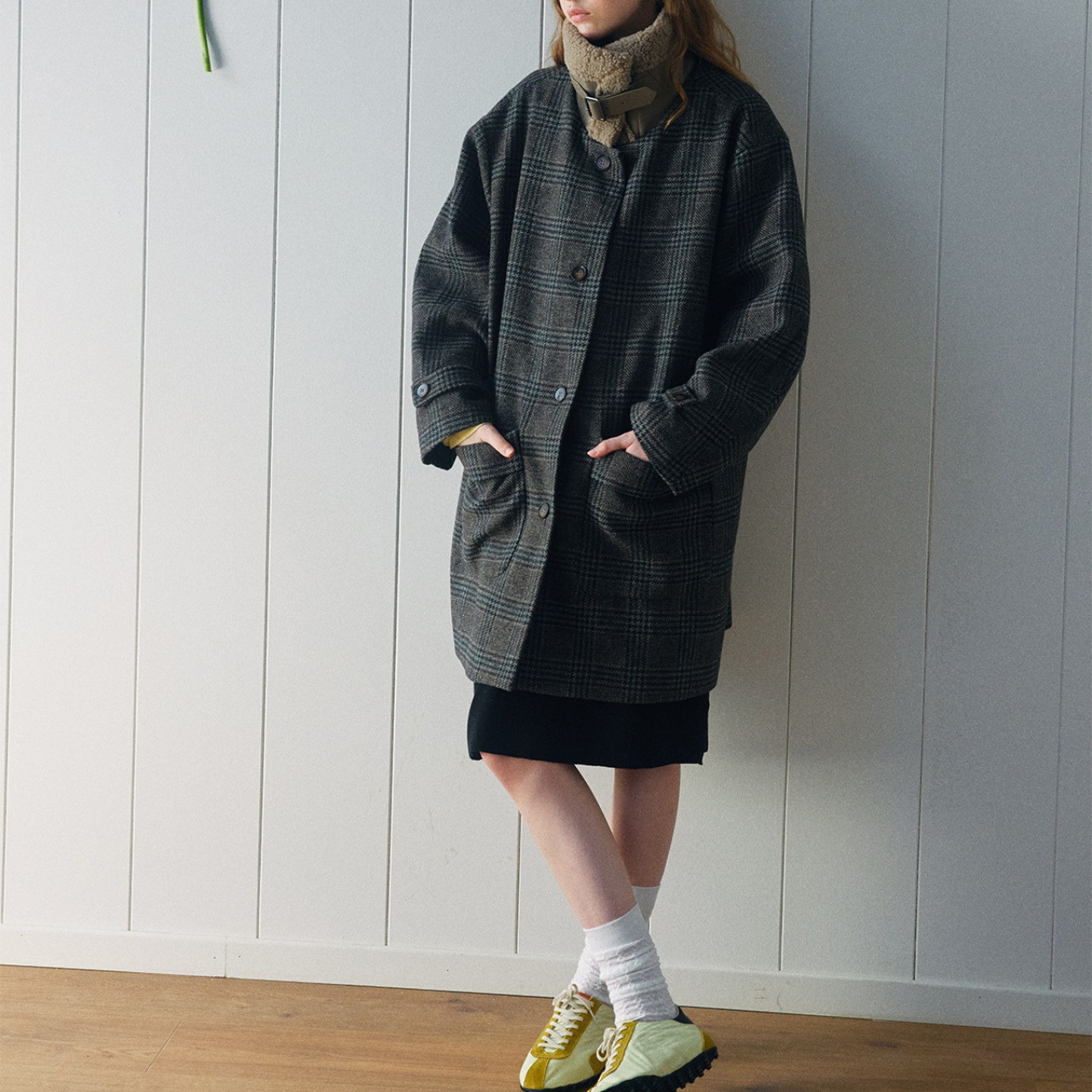 Checked Wool Blend Coat  T3734