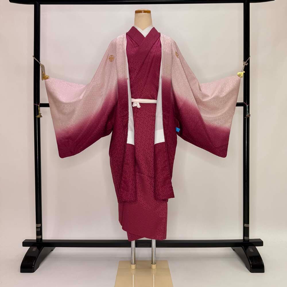 男紋付 男着物 紋付 ポリエステル 羽織 長着 裄77cm 3L size エンジ 白 五つ紋 中古 成人式 舞台衣装 5424