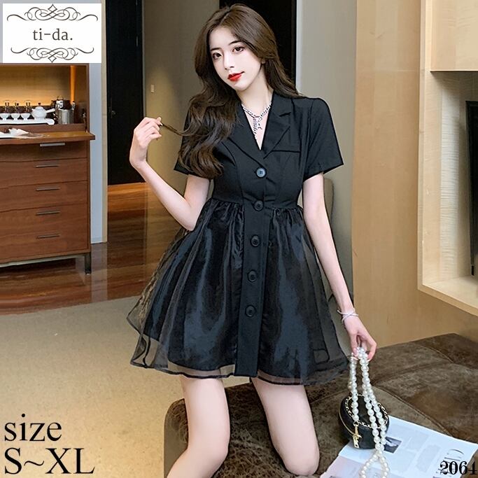 No 64 韓国ワンピース きれいめワンピース 大人可愛いワンピース フレアワンピース フェミニンワンピース サマー 透け感 半袖 ブラック サイズs M L Xl レディース Ti Da 韓国ワンピース専門店