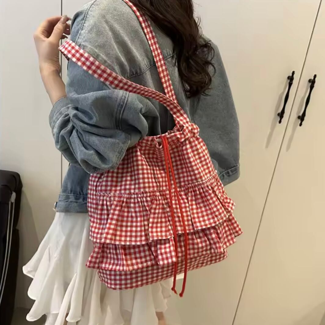 frill gingham check tote bag
