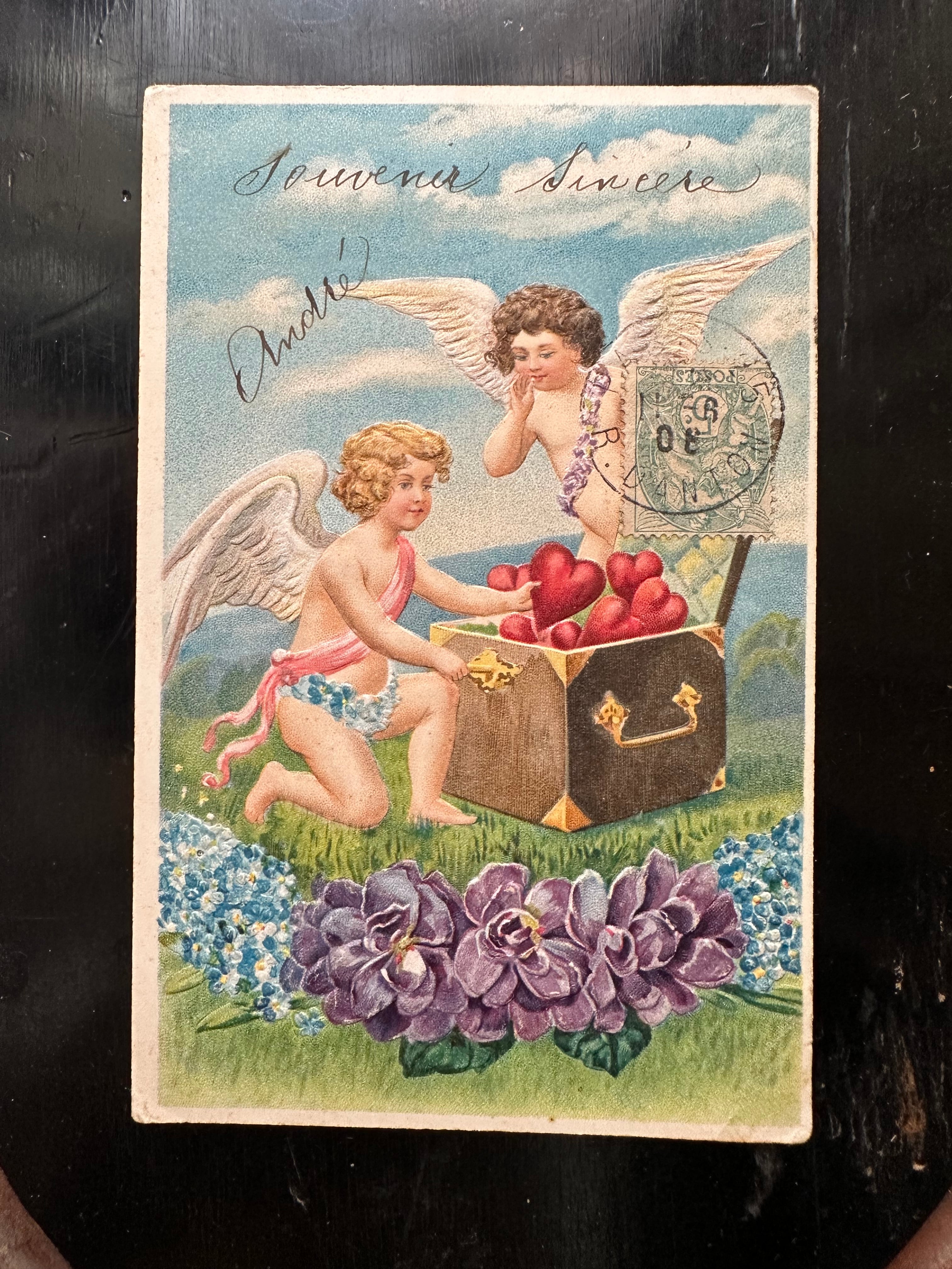 天使とハートの宝箱のポストカード エンボス加工 | Brocante de La