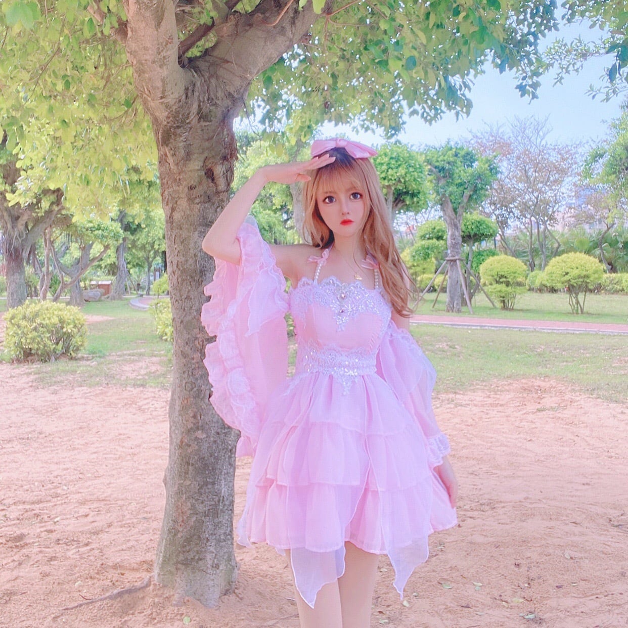 ピンク オフショルダー ワンピース ガーリー コスプレ 可愛い 姫 原宿