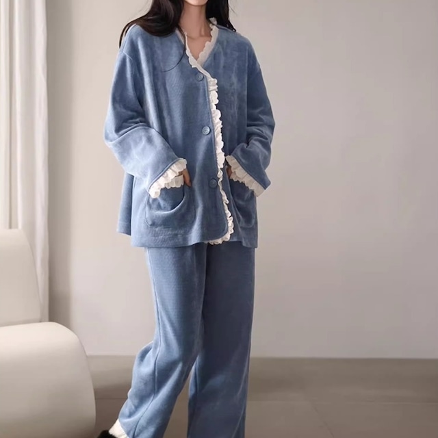 【M-XL】fleece lace cardigan style pajamas p1069