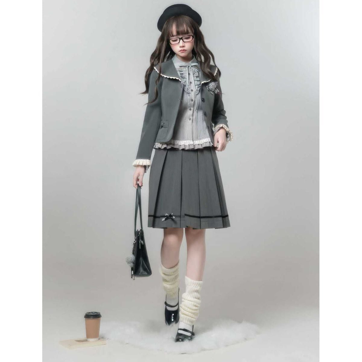 文学少女のアンティーク風フリルとリボンのグレー制服セット：スカート