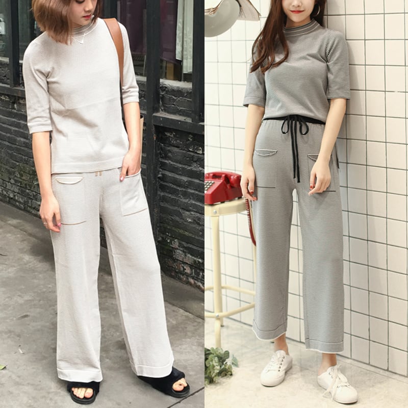 五分袖 ボーダー ウエストゴム セットアップ