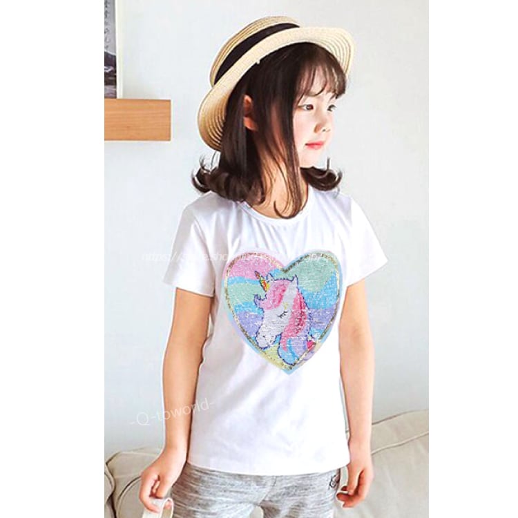 100㎝-140㎝】Tシャツ ユニコーン ハート スパンコール キラキラ 半袖 
