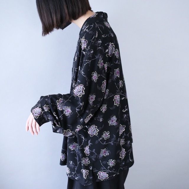 flower art pattern over wide silhouette open collar shirt