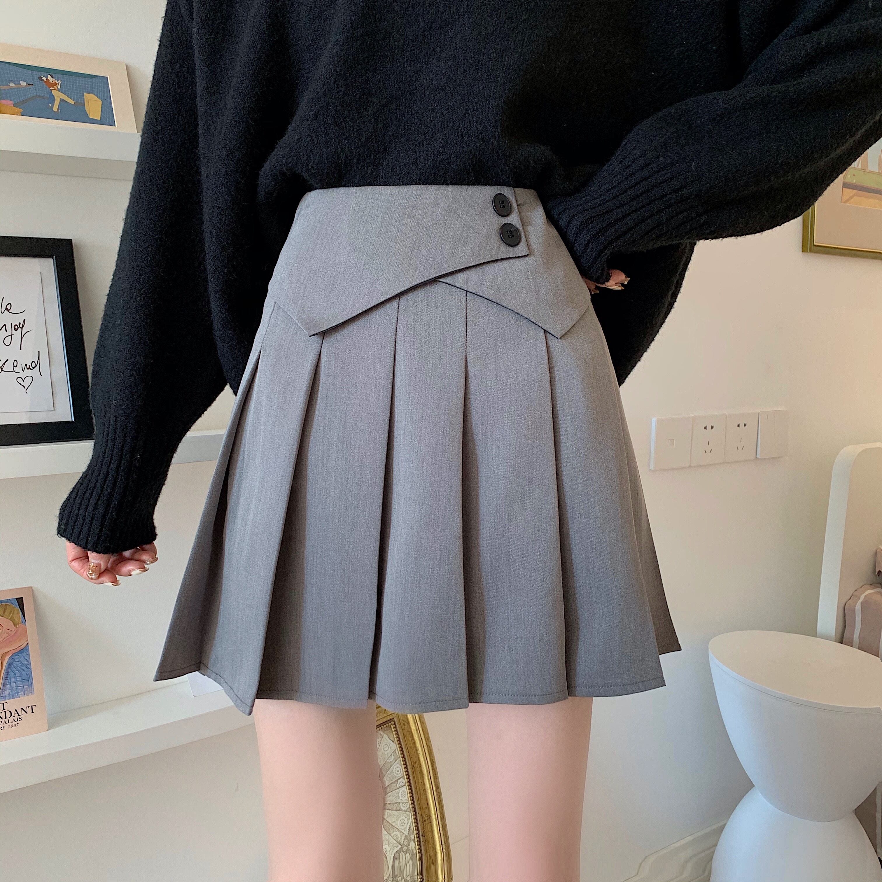 ウィンタープリーツスプリングオータムAライン薄手ブラックドレス ハイウェスト 春物 秋物 冬物 スカート YY-ファッション96300400504