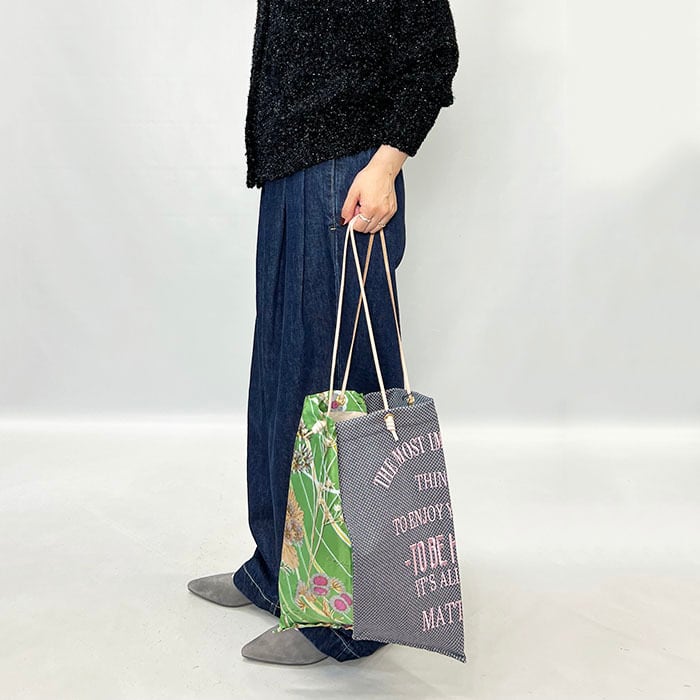manipuri マニプリ 刺繍プリントトートバッグL ボタニカルストライプ