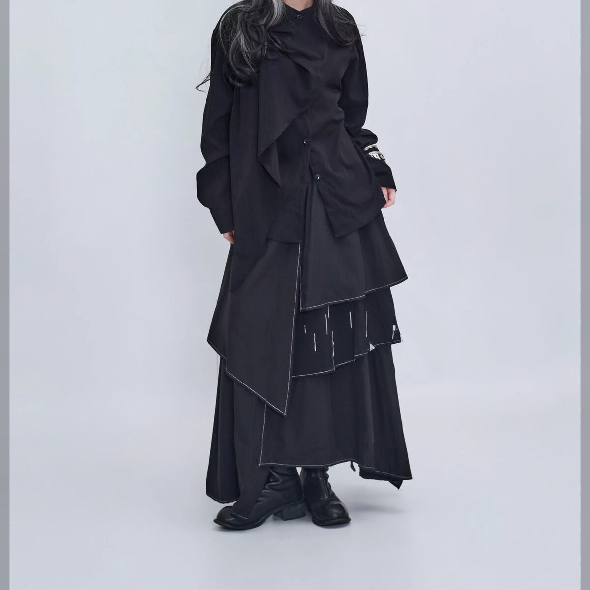 ドレープネック アシンメトリー ショルダーボタン シャツ 1color BL0630