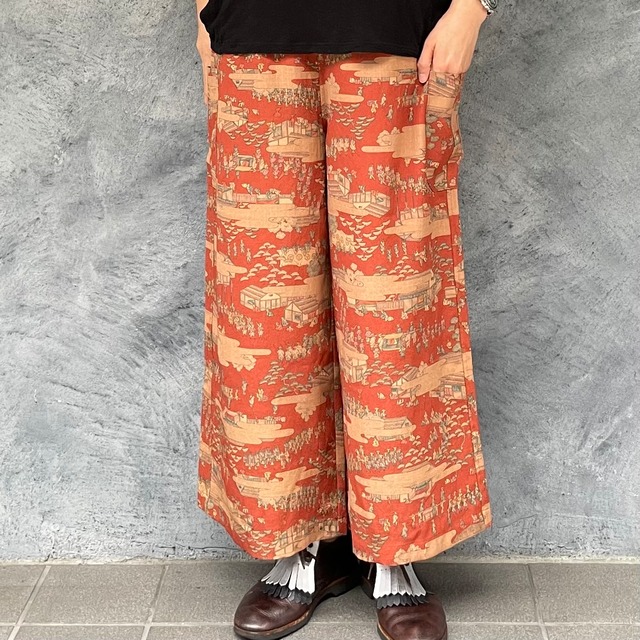 着物リメイクワイドパンツ - kimono elastic waist pants