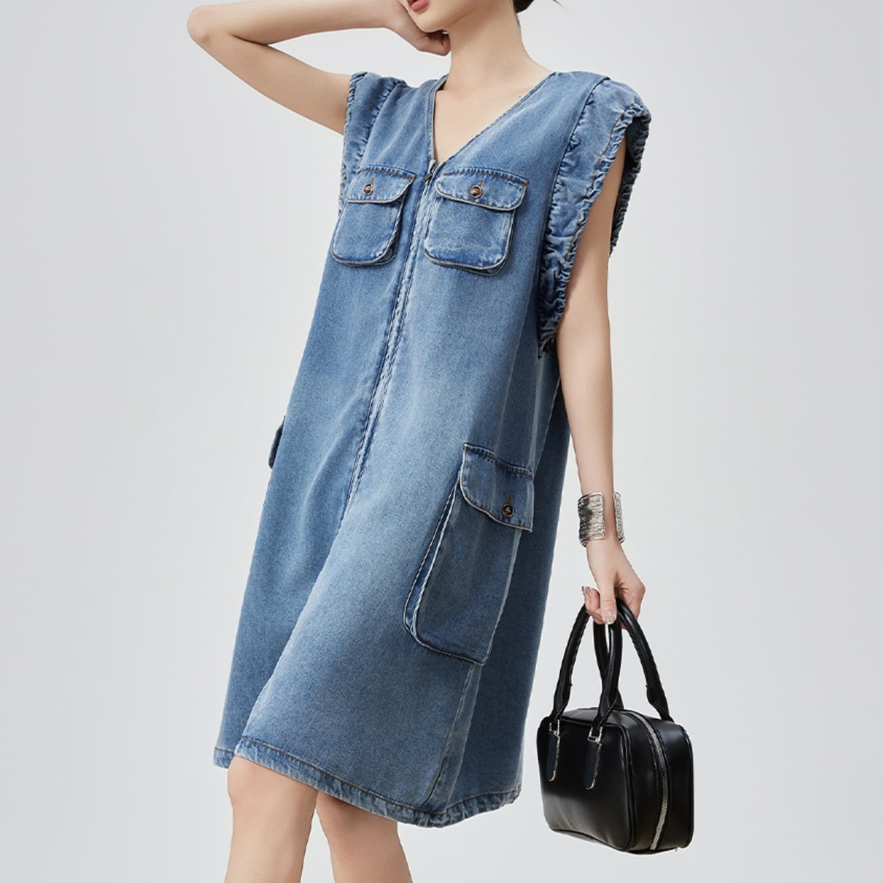Frill sleeve denim dress S1459